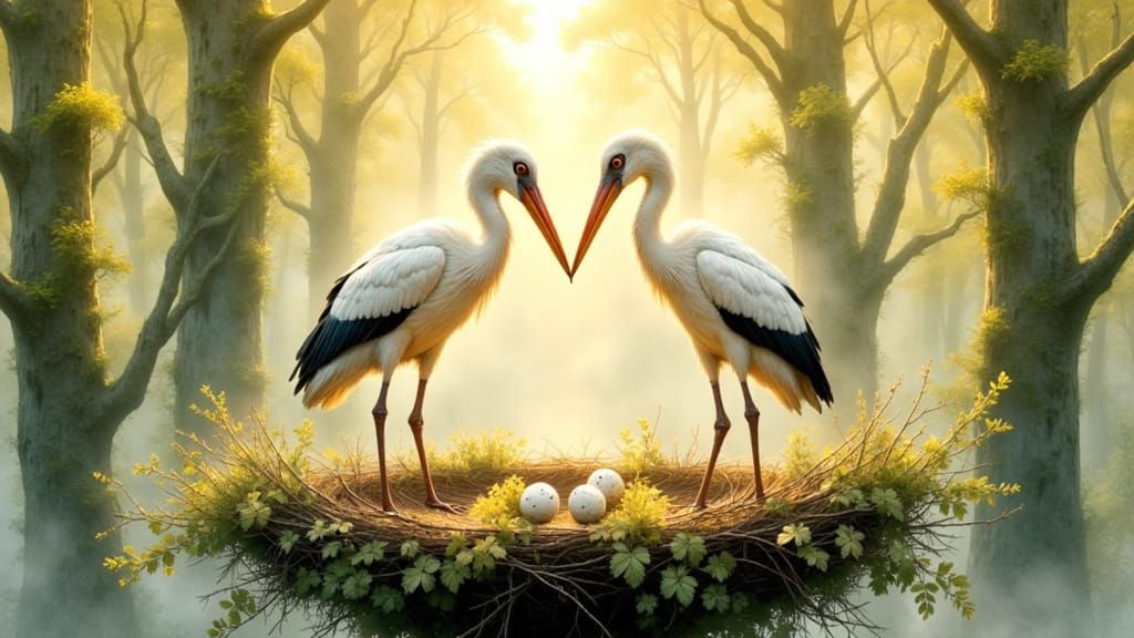 Watercolor Storks Form Heart in Enchanted Forest
