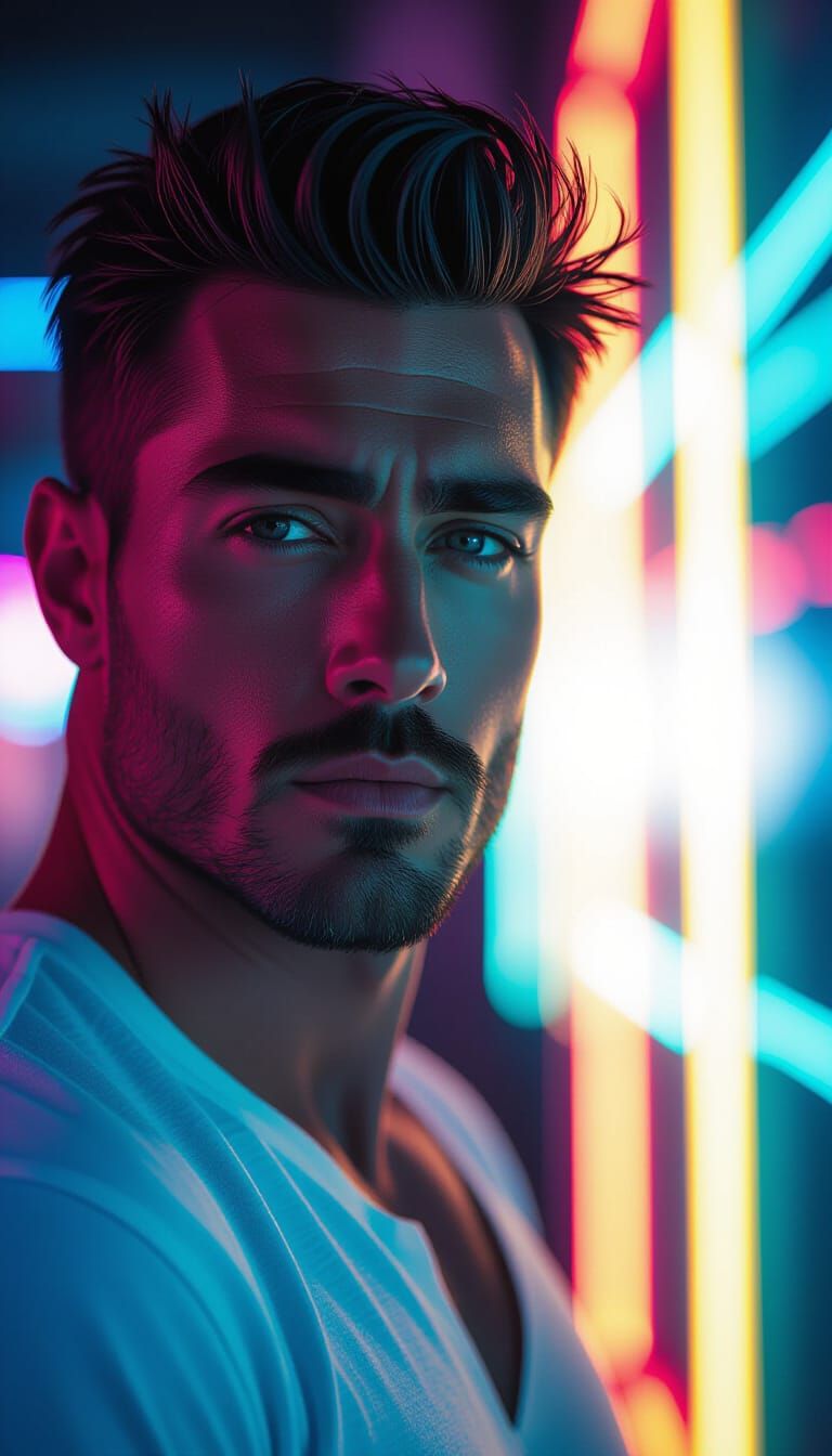 Handsome Man Face with Neon Glow in Cyberpunk Style