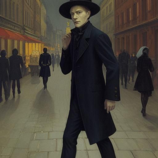 Vampire Walks City Street in Expressionist Style