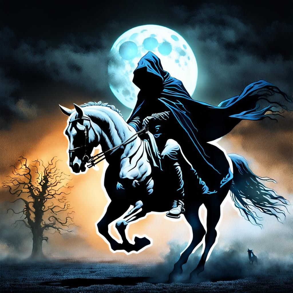 Headless Horseman Rides Skeletal Steed in Surreal Digital Ar...