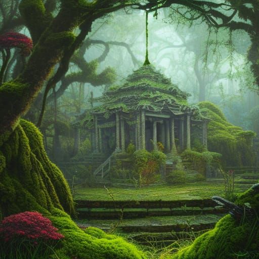 Overgrown Forgotten Temple in Hyperdetailed Digital Illustra...