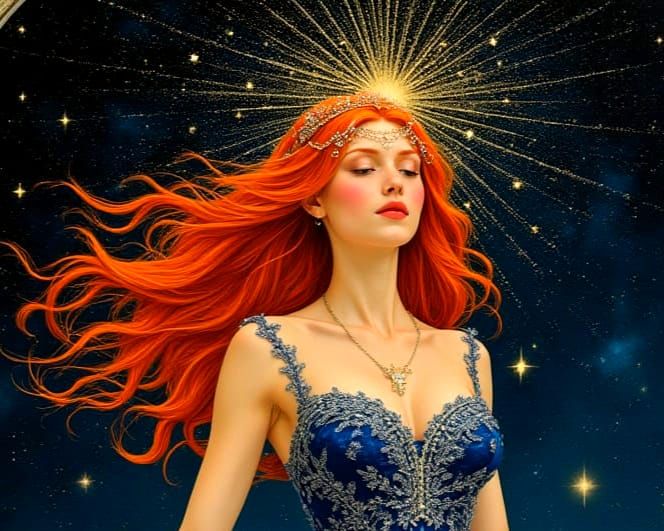 Celestial Observatory: Red-Haired Woman in Art Nouveau Style