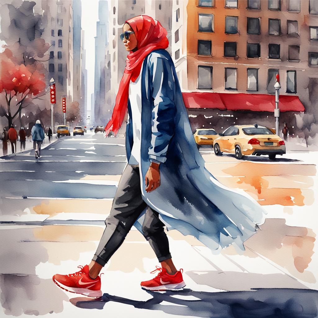 Woman in Hijab Walking in Chicago: Watercolor Illustration