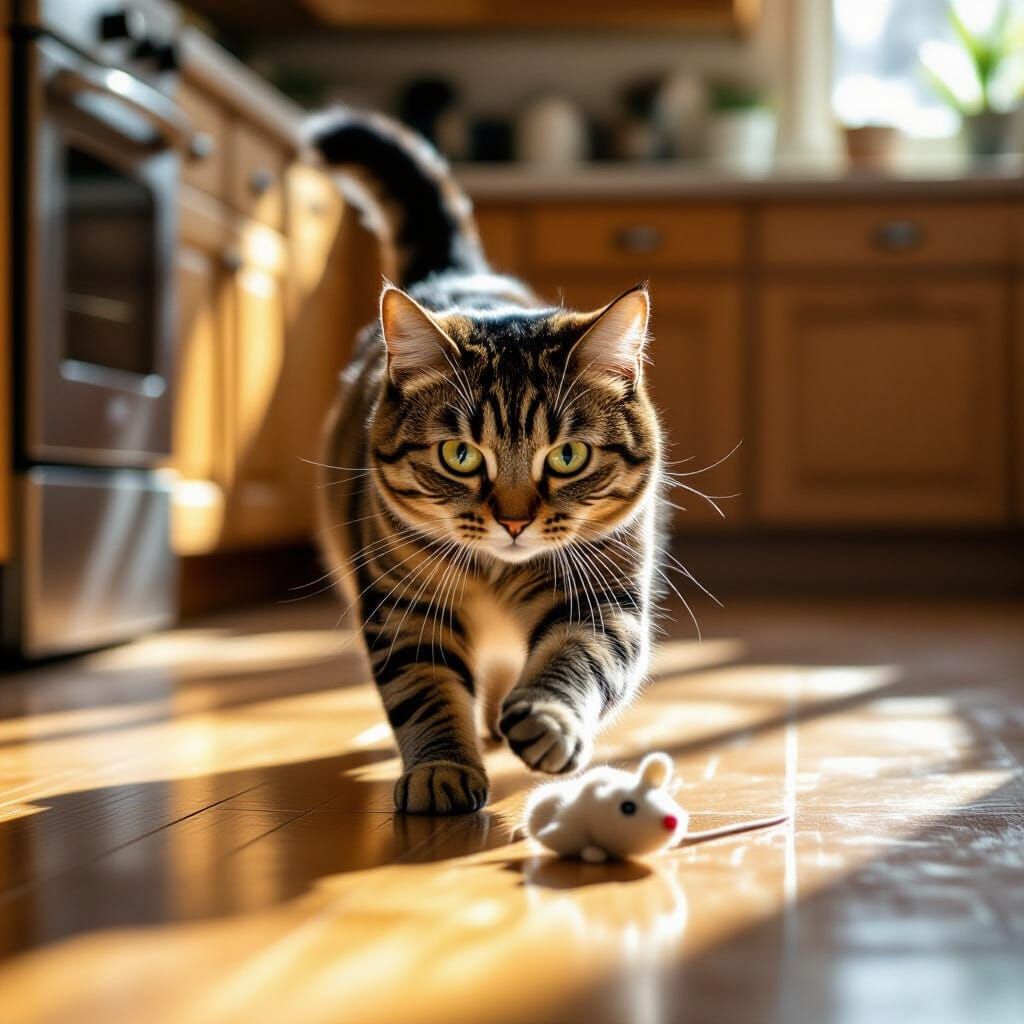 Tabby Cat Pouncing on Toy Mouse, Cinematic Lighting