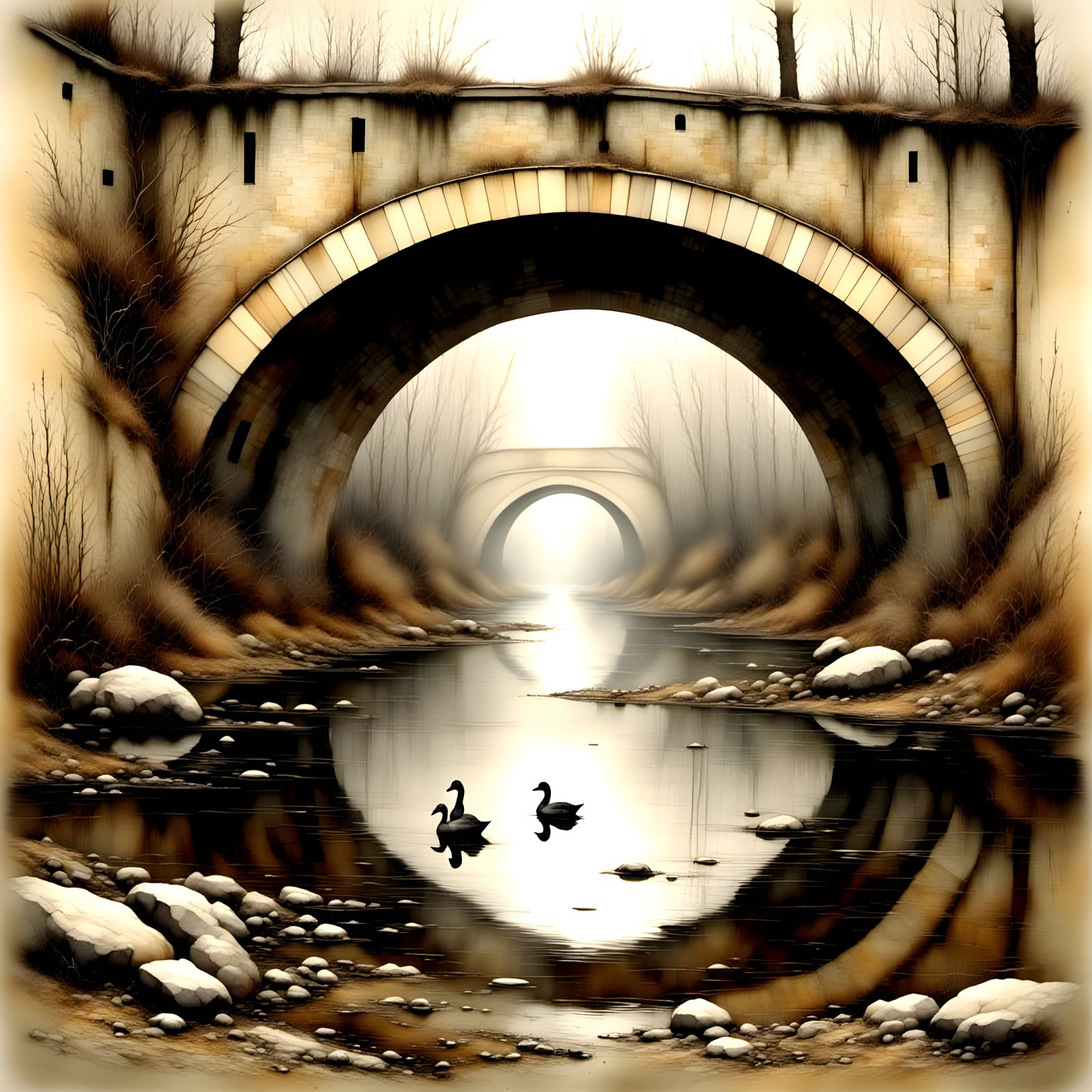 Serene Winter Scene in Antique Watercolor Style