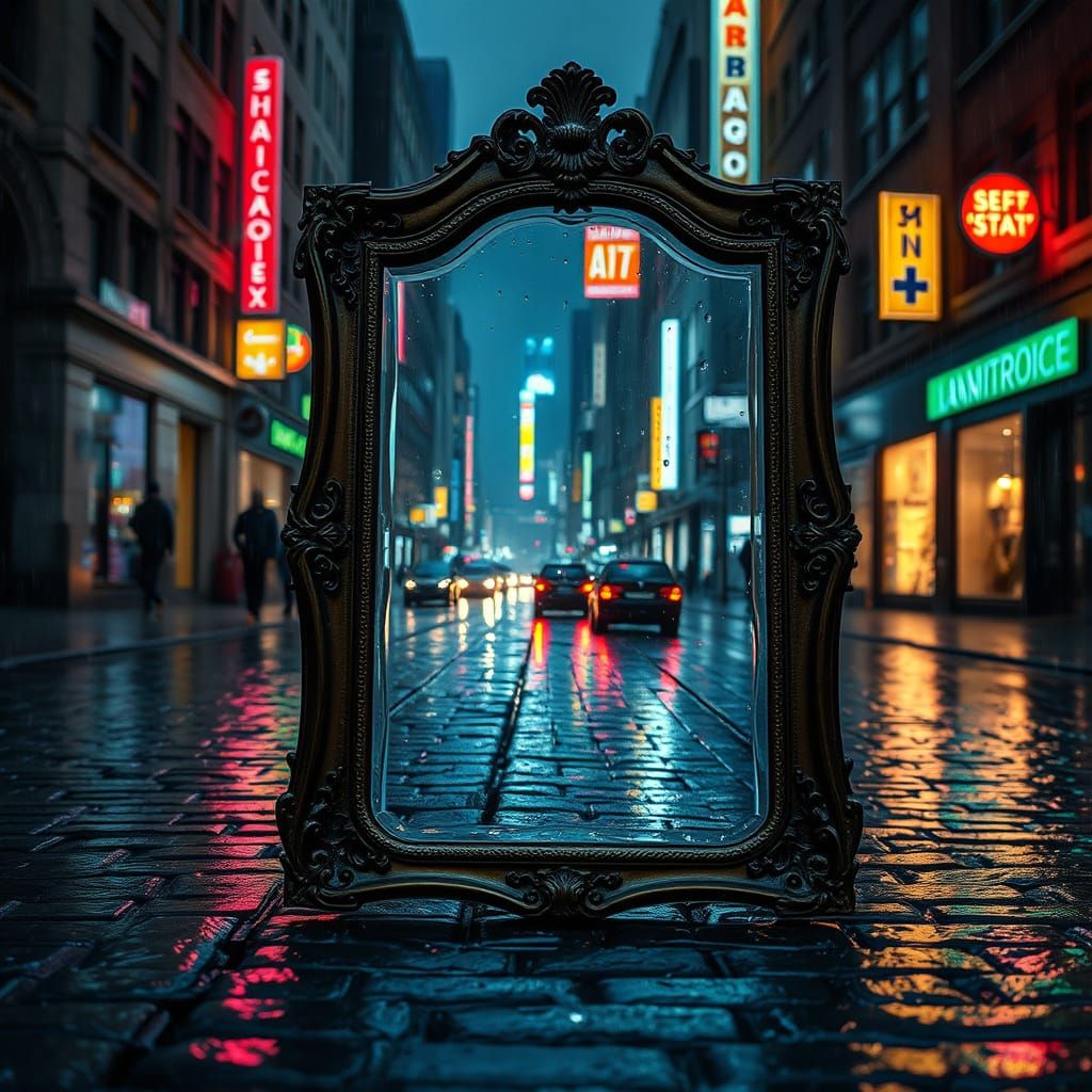 Neon Metropolis Reflected in Antique Mirror