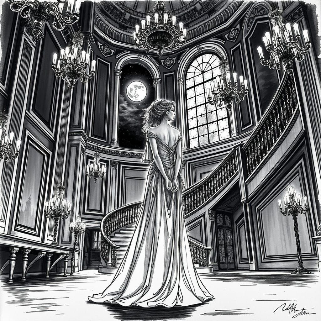 Elegant Woman in Moonlit Ballroom, Ink Drawing