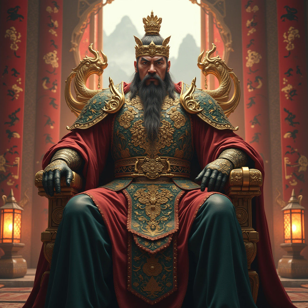 Imposing Asian Warlord on Golden Dragon Throne