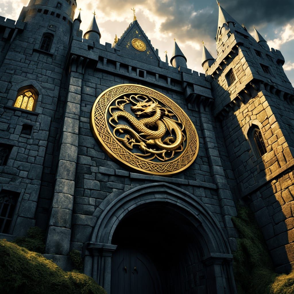 Fantasy Castle Gate with Celtic Knotwork and Golden Dragon C...