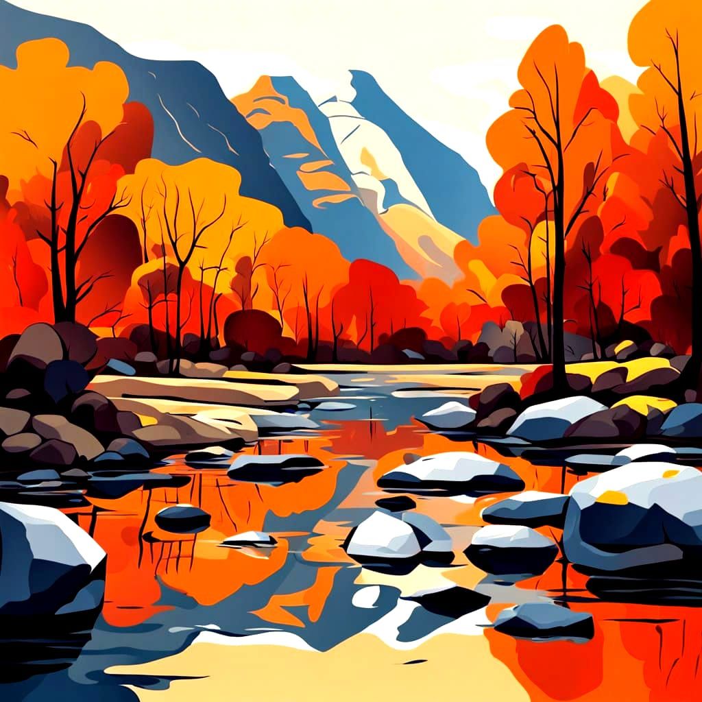 Stylized Autumn Mountain Landscape with River Illustration