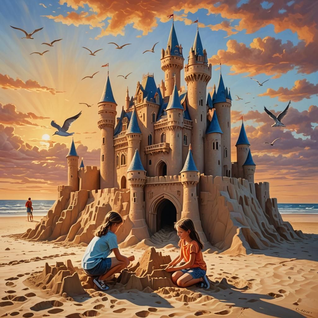 Girl Builds Sandcastle at Sunset in Triadic Colors