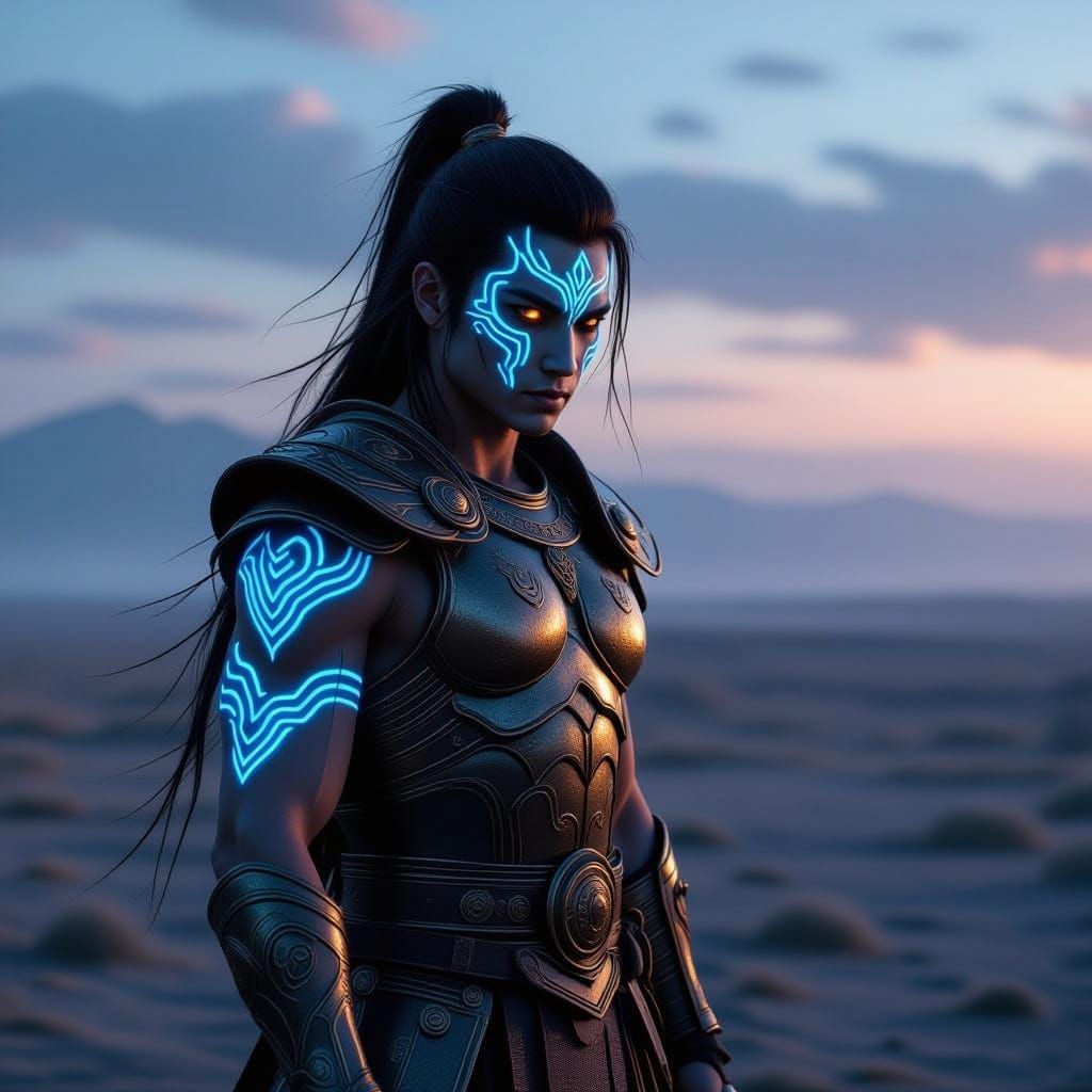 Stoic Warrior on Desolate Plain in Twilight