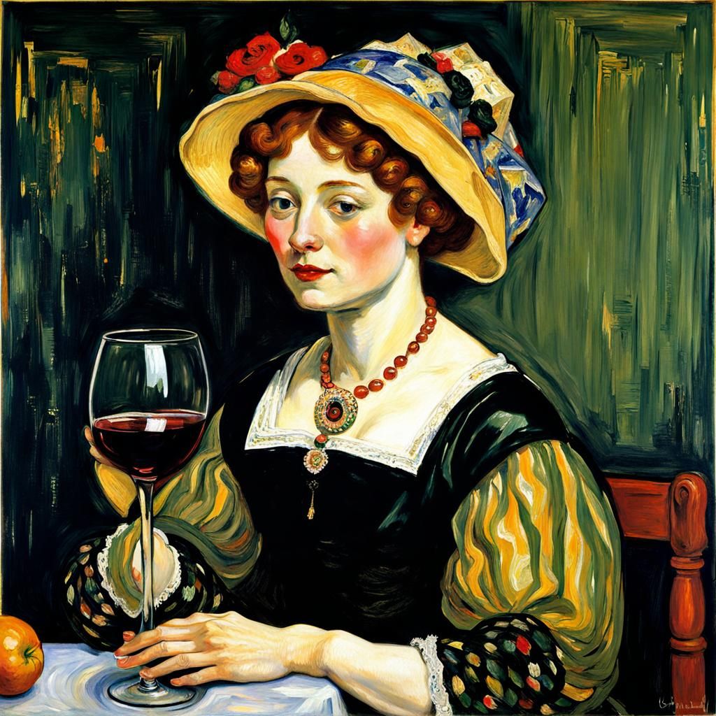 Woman Celebrates with Wine in Classic Art Style