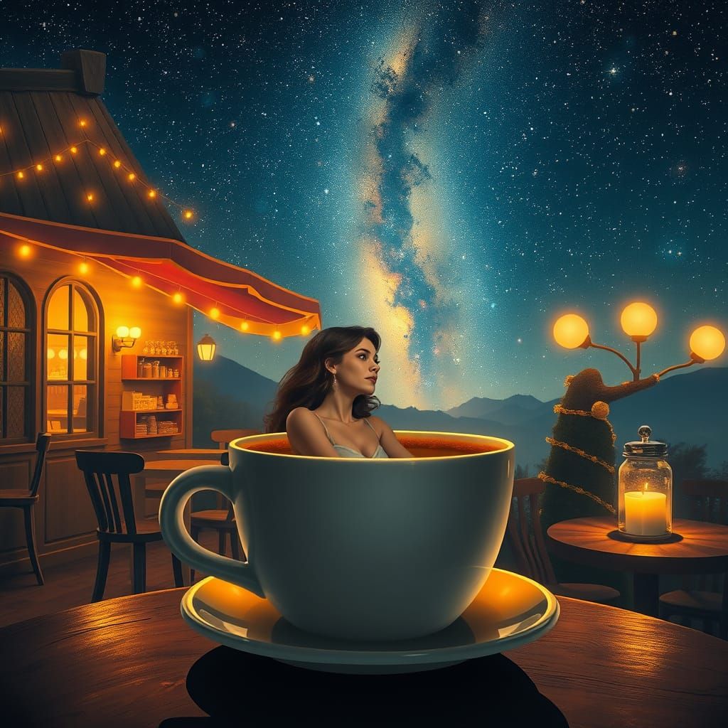 Woman in Coffee Cup Under Starry Cafe Sky