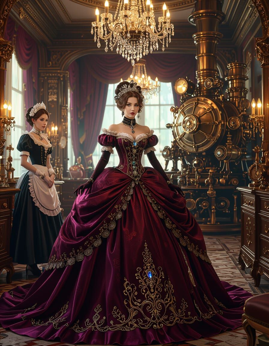 Steampunk Princess in Jewel-Gown in Opulent Mansion Dressing...