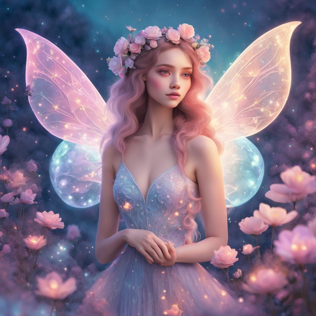 Fantasy Flower Fairy Under Soft Moonlight