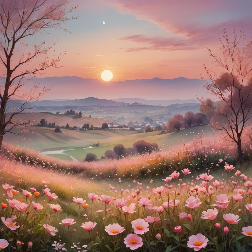 Dreamy Landscape with Mondrian Art in Soft Pastel Style