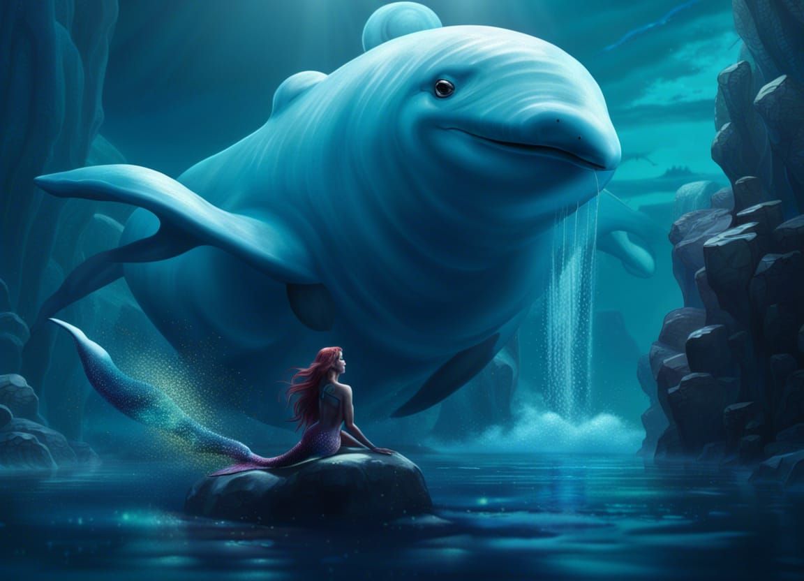 Mermaid chatting with her Beluga whale friend under an arctic  ice shelf