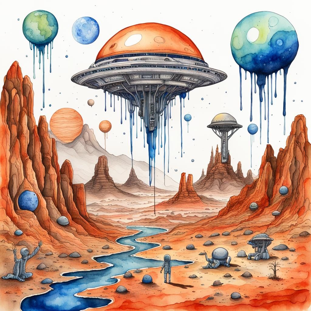 Extraterrestrial Wonderland: A Watercolor and Ink Imaginatio...