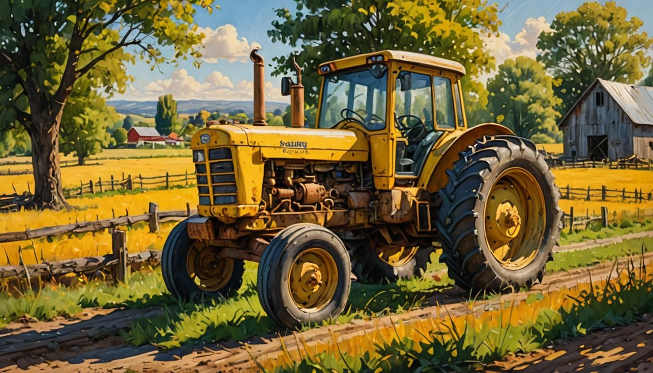 Yellow Tractor in Sunny Landscape as Oil Painting