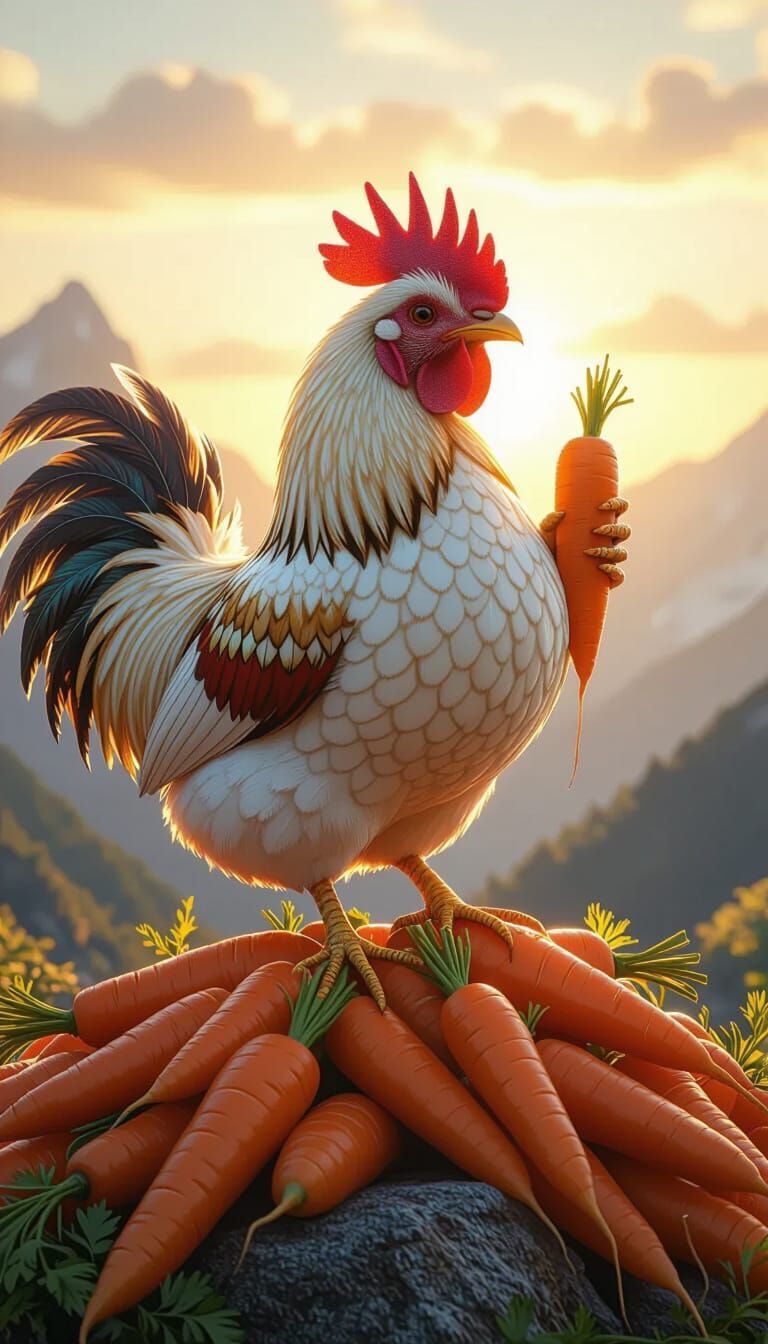 Fantastical Chicken with Shimmering Feathers on Carrot Mount...