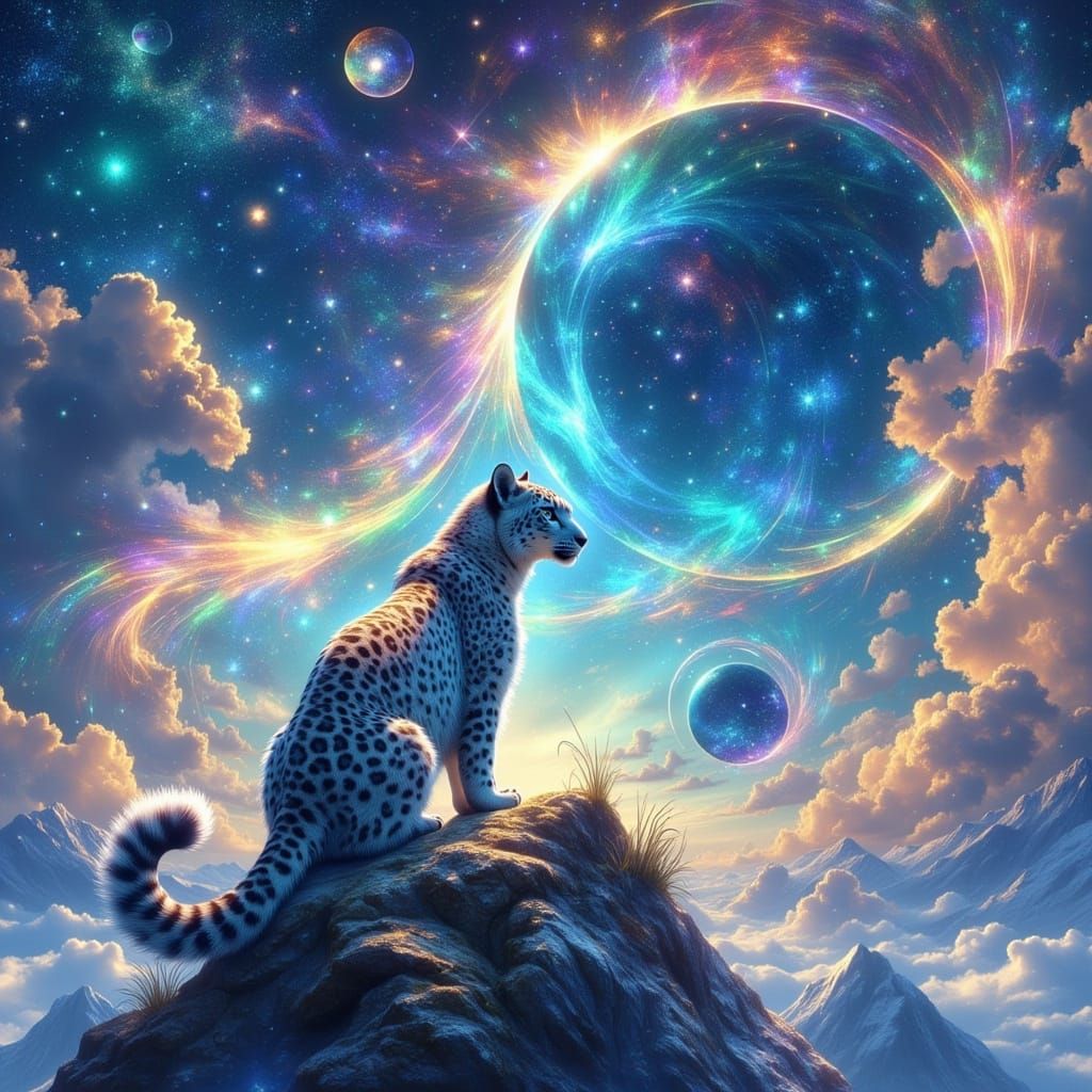 Majestic Snow Leopard with Rainbow Mane in Dreamscape