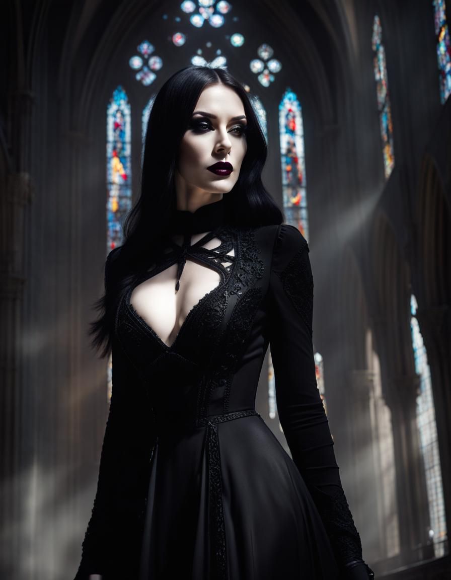 Gothic Woman in Cathedral with Sunlight
