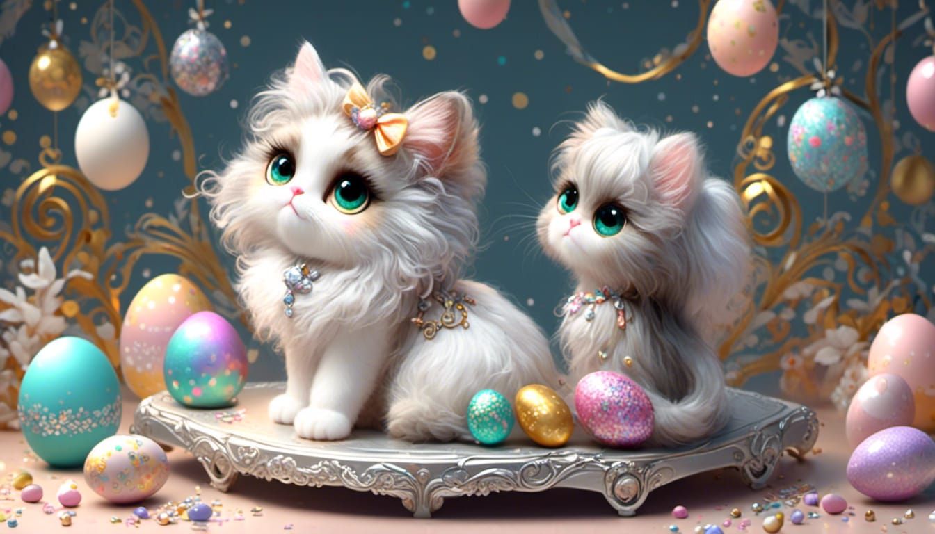 <lora:Ultra Cute:1.0> adorable fluffy calico chibi cat sitting on a silver bench,easter eggs diamond crystal,sparkle gli...