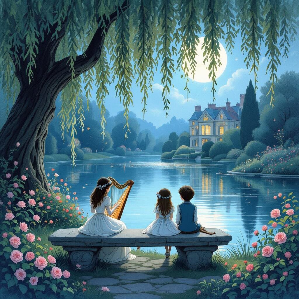 Whimsical Storybook Garden Scene with Girlish Figures