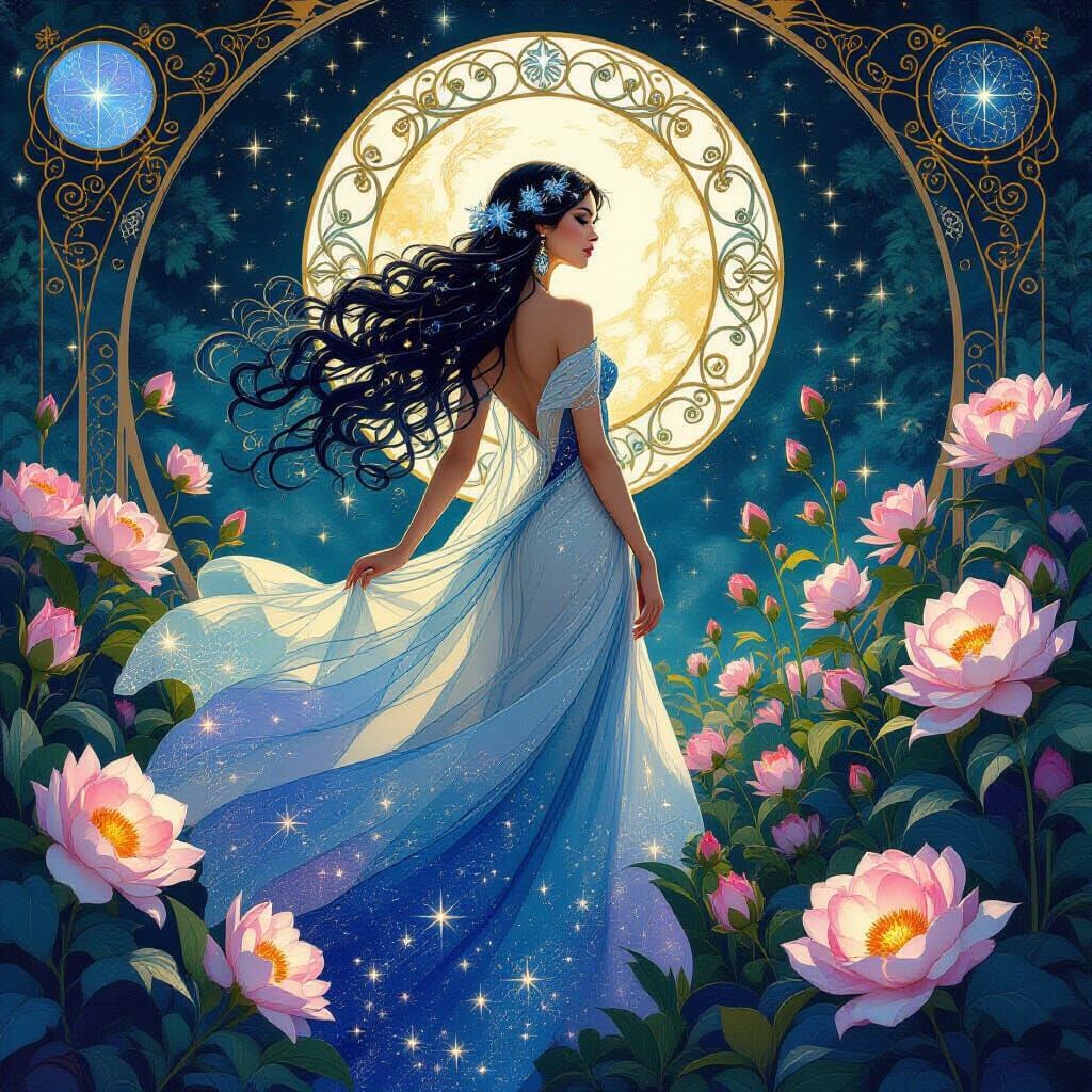 Celestial Goddess in Bioluminescent Garden, Art Nouveau Styl...