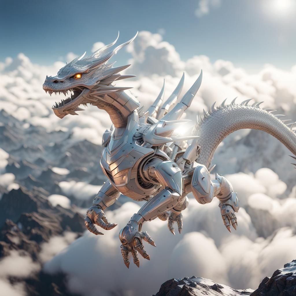 Futuristic Mecha Dragon Diving Through Clouds