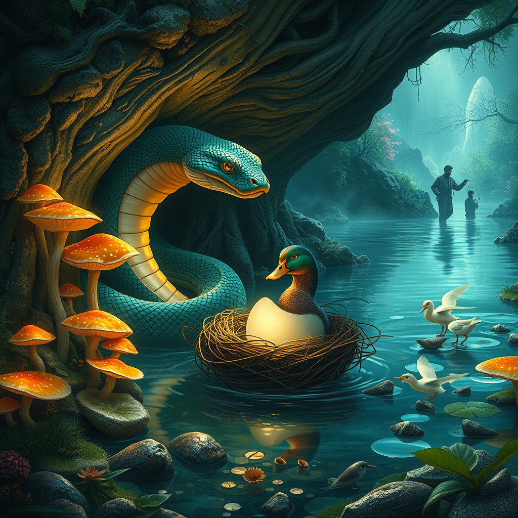 Mystical Snake and Duck in Enchanted Water Scene