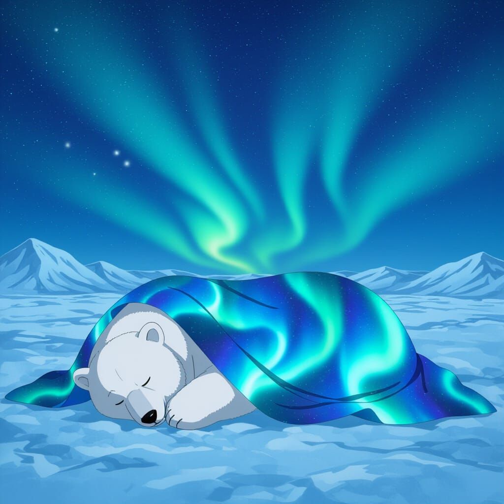Polar Bear Dream: Aurora Blanket in Anime Style