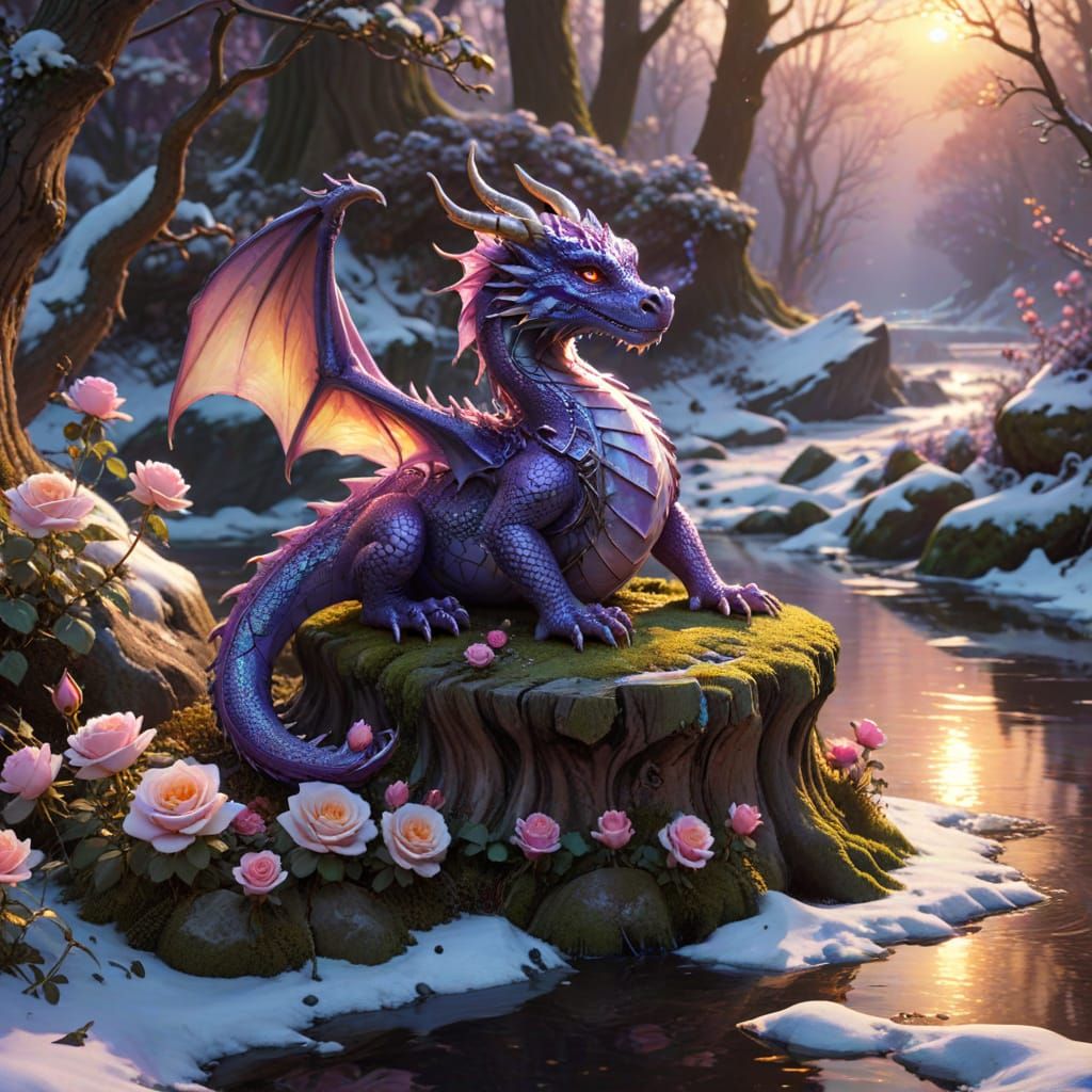 Purple Dragon Guarding Magical Roses at Sunset