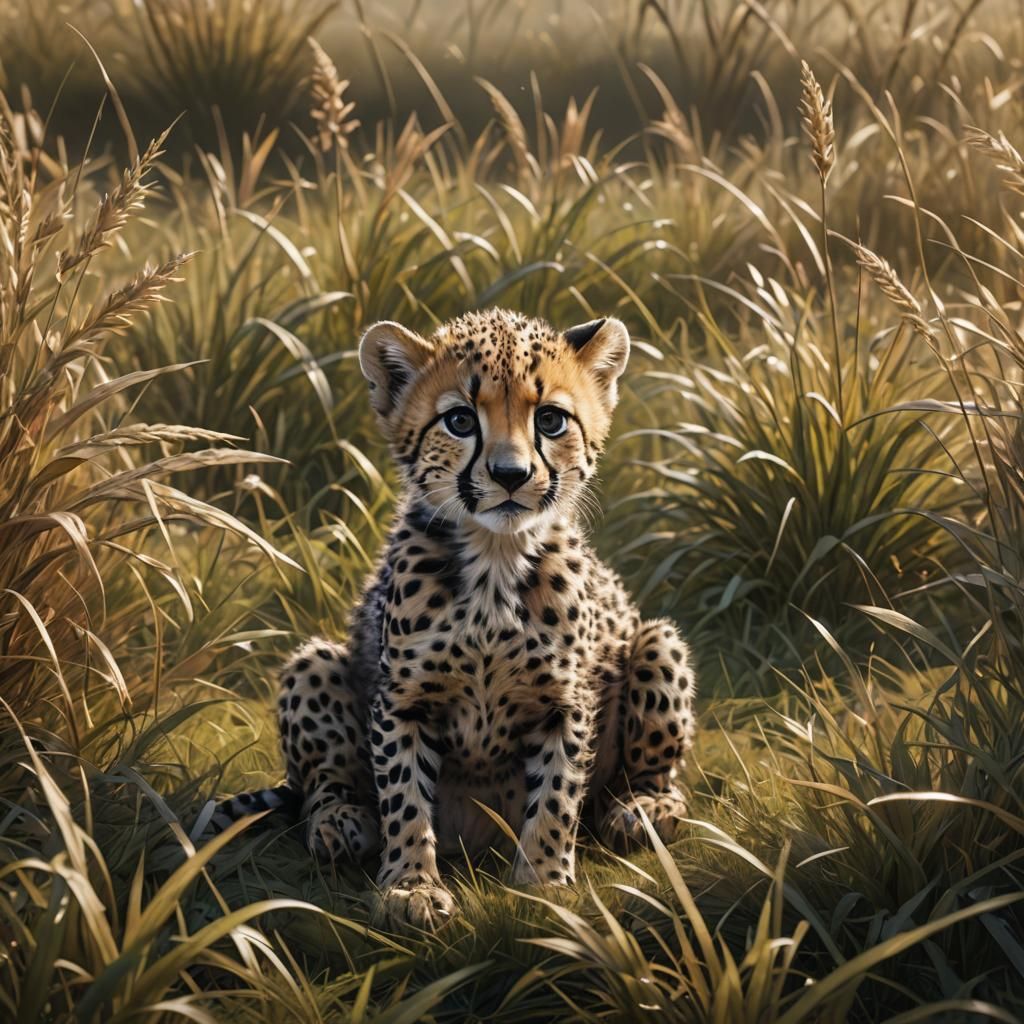 Golden Baby Cheetah in Grassy Field: Fantasy Art