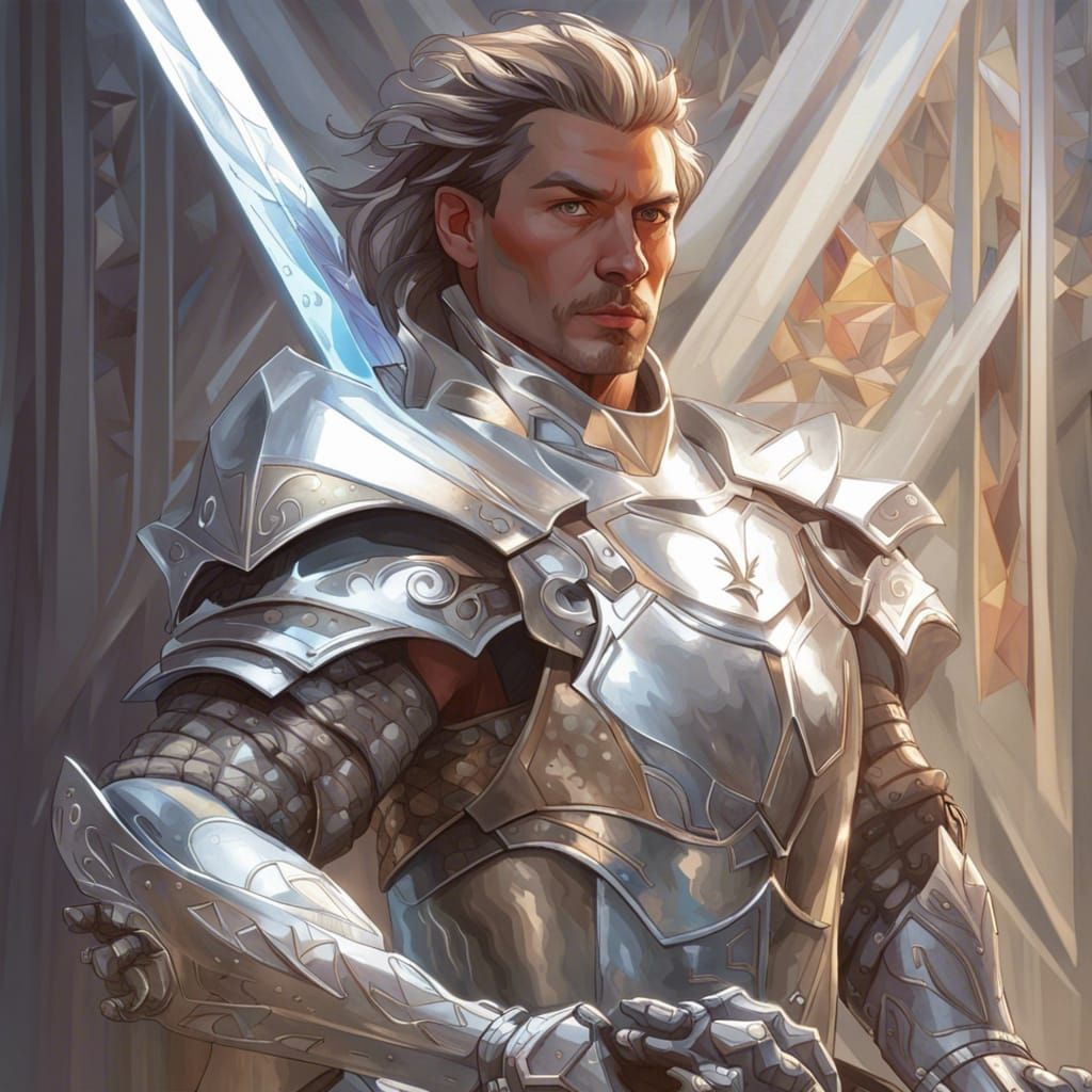 Silver Armored Swordsman Portrait with Light Sword