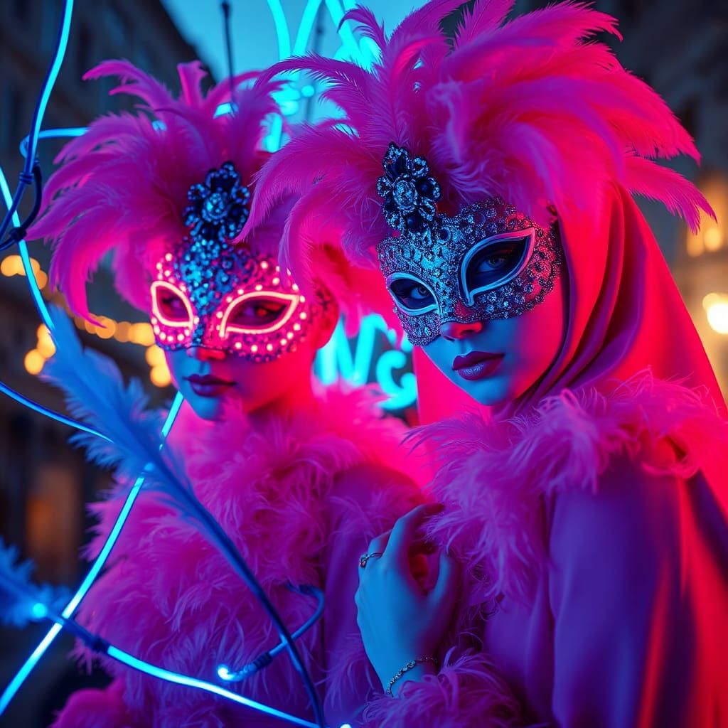 Fluorescent art-gorgeous happy super cute photos of women (Anglo-Americans) masquerading at night in Venice,neon lightin...