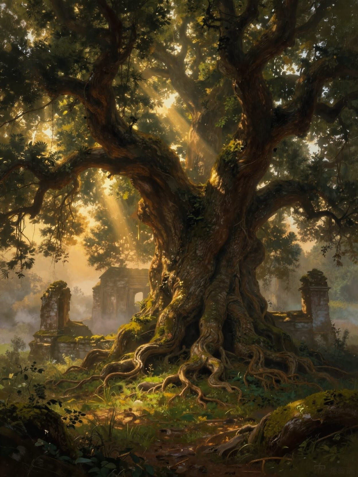 Ancient Oak Tree Ruins in Golden Dawn Light