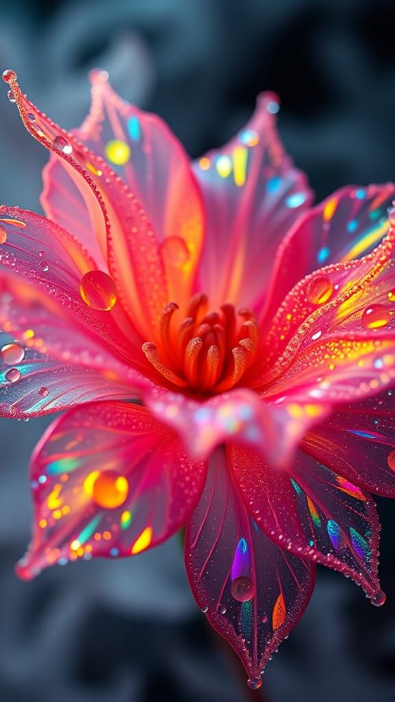 Iridescent Water Droplet Flower in Macro Photography
