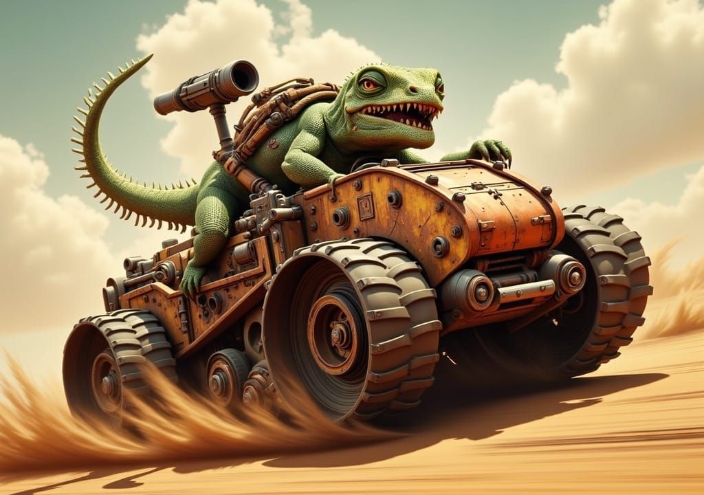 <lora:Flux Hyperreal:1.0> In a high-speed Mad Max style intensity, a chibi lizard man is racing in a rusty intricate sha...