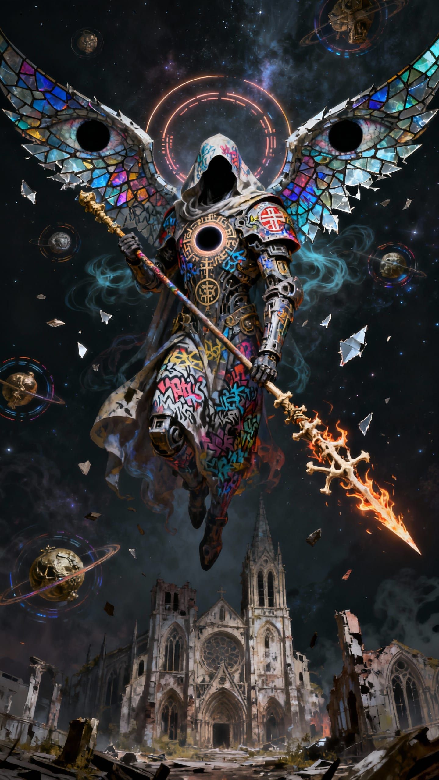 Cosmic Deity Wields Bone Spear Above Void Cathedral