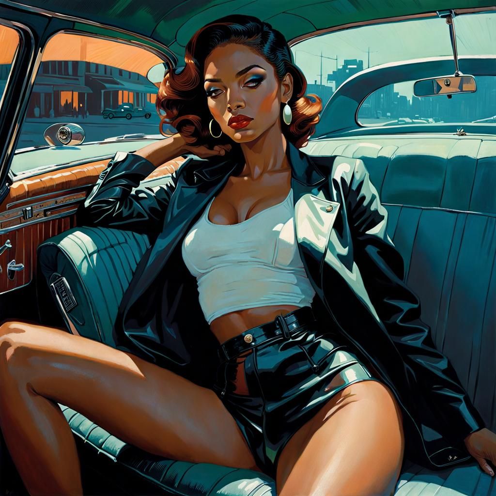 Provocative Woman in Backseat, Comic Book Illustration