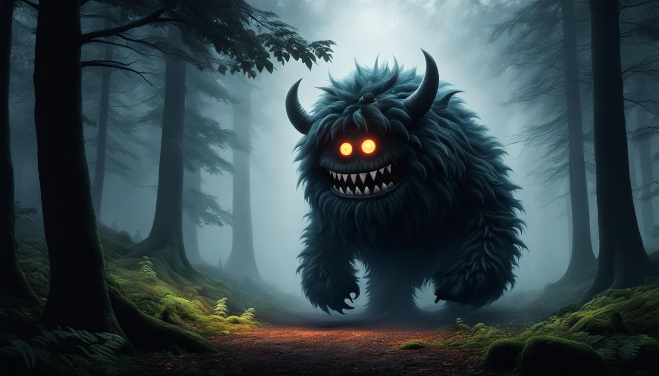 Fluffy Monster in Foggy Woods: Digital Painting