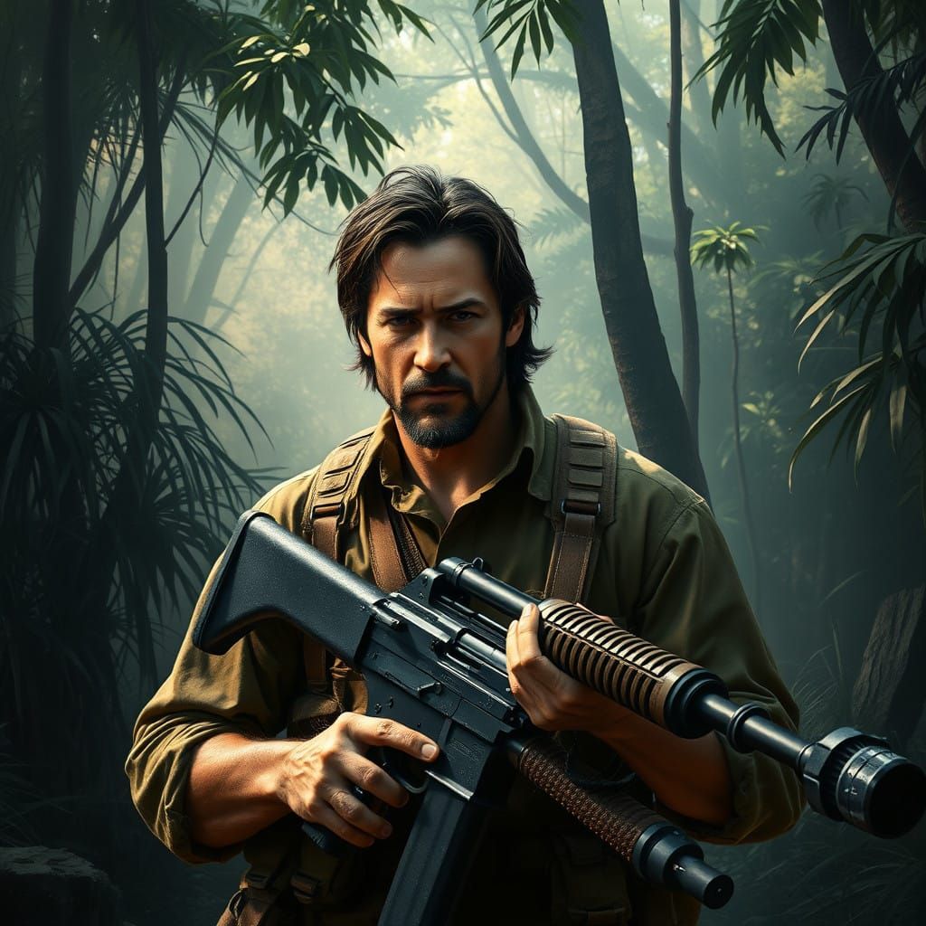 Surreal Keanu Reeves Battles in Jungle Warfare
