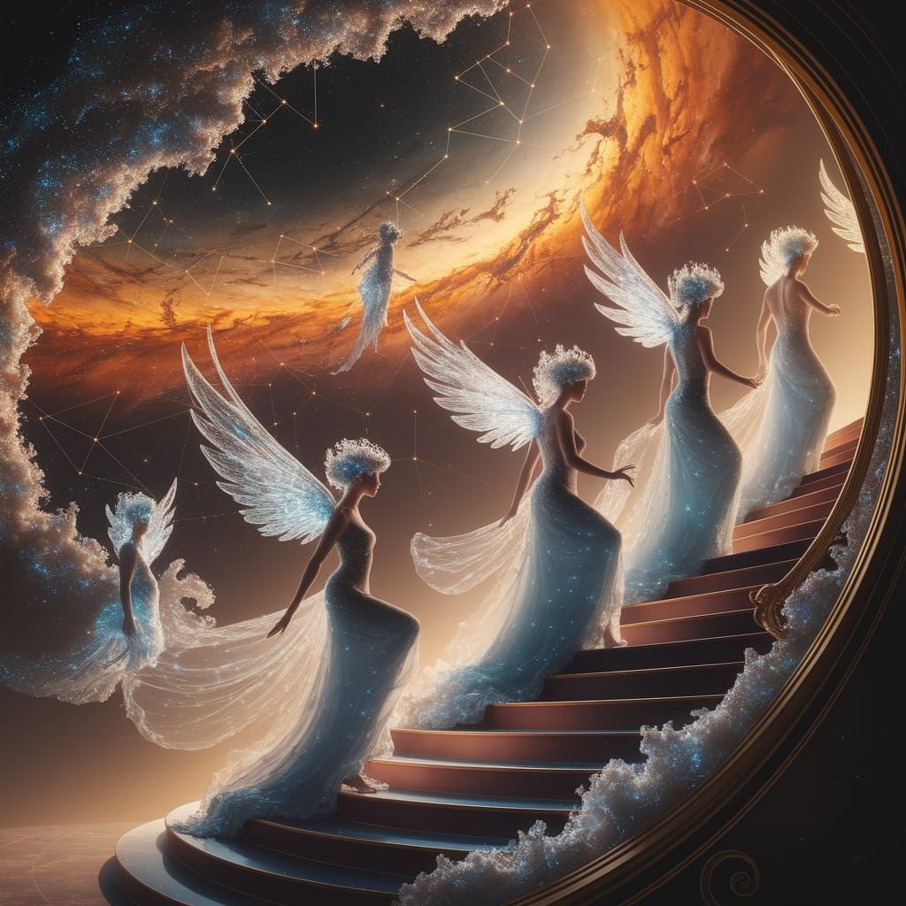 Ethereal Goddesses Ascending Cosmic Stairway in Art Nouveau ...