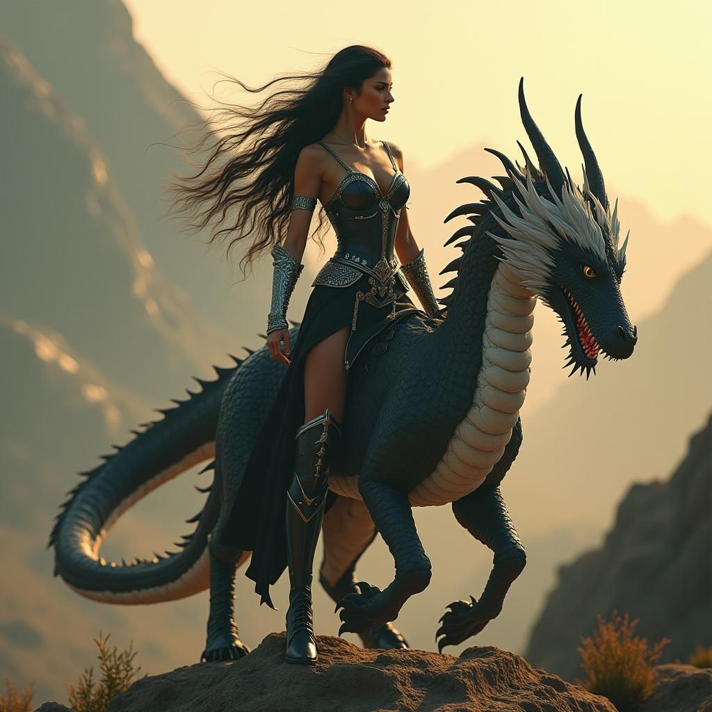 Yin-Yang Warrior Princess on Dragon in Fantasy World