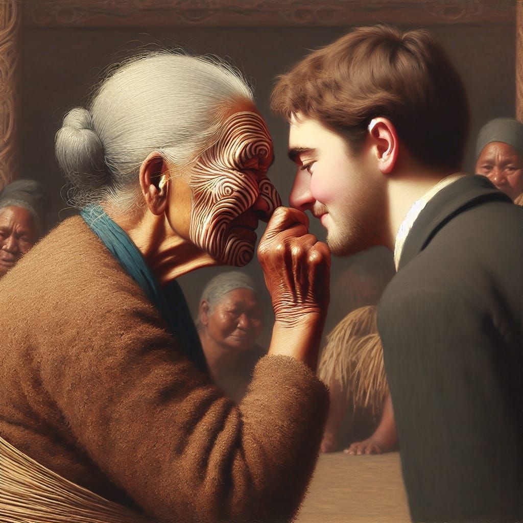 Maori Woman Welcomes Visitor: 19th Century Oil Painting