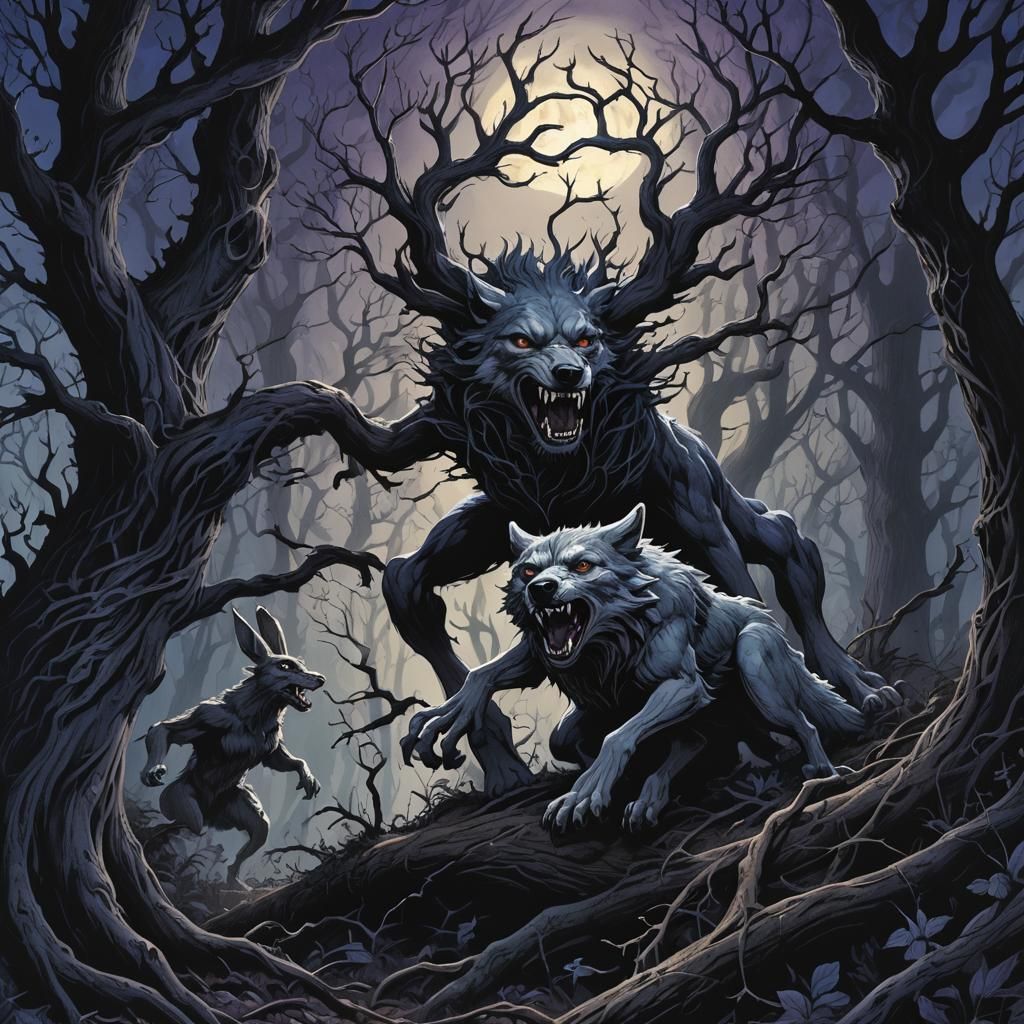 Wolf Chasing Rabbit in Dark Gothic Horror Forest