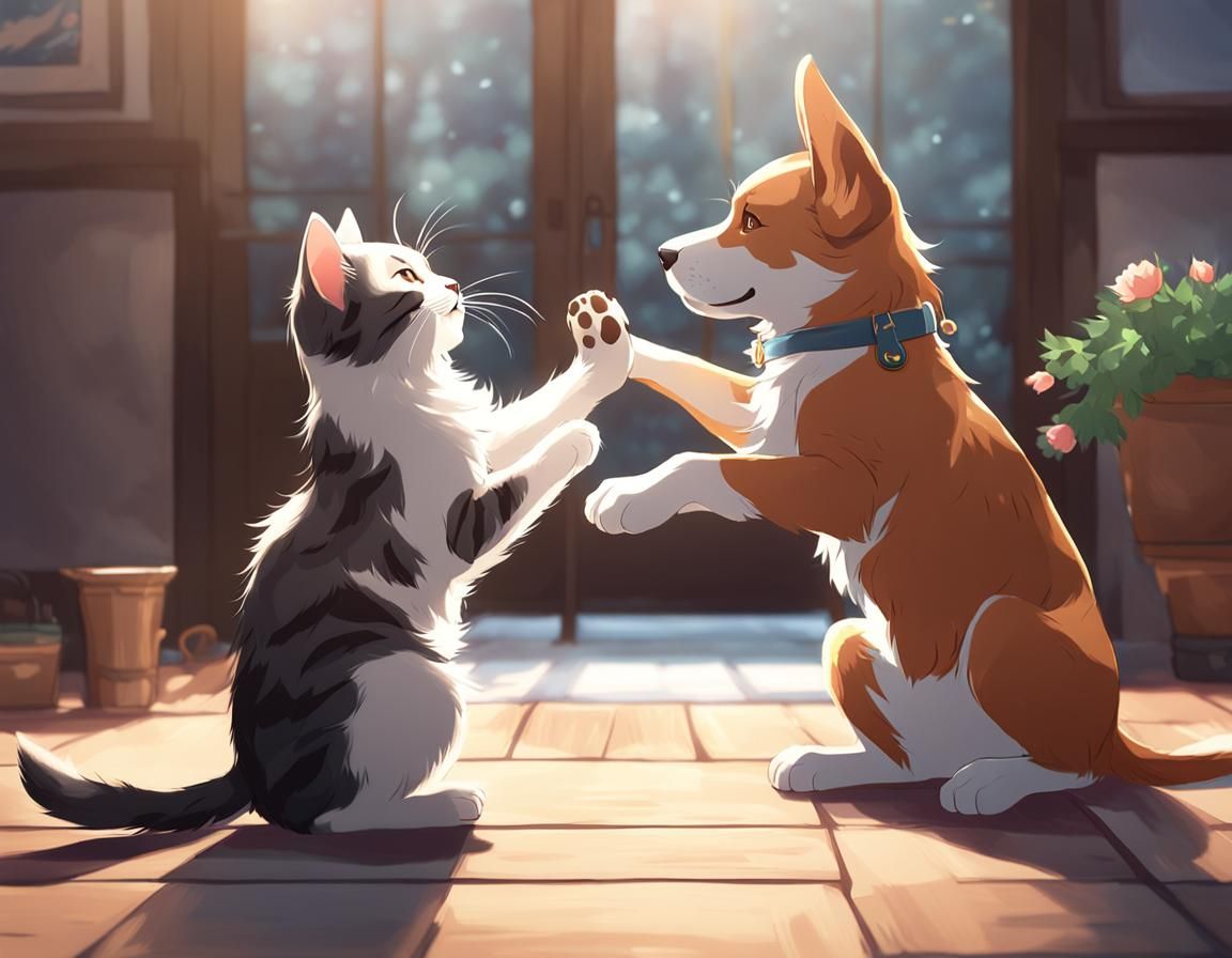 Dog and Cat High-Five in 3D Anime Style