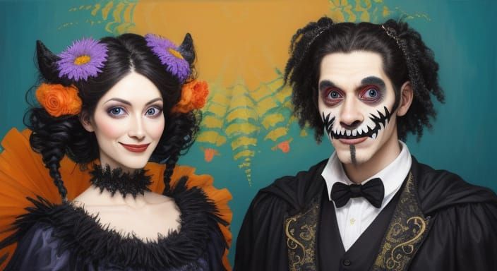 Couple with Halloween Animals and Floral Accents